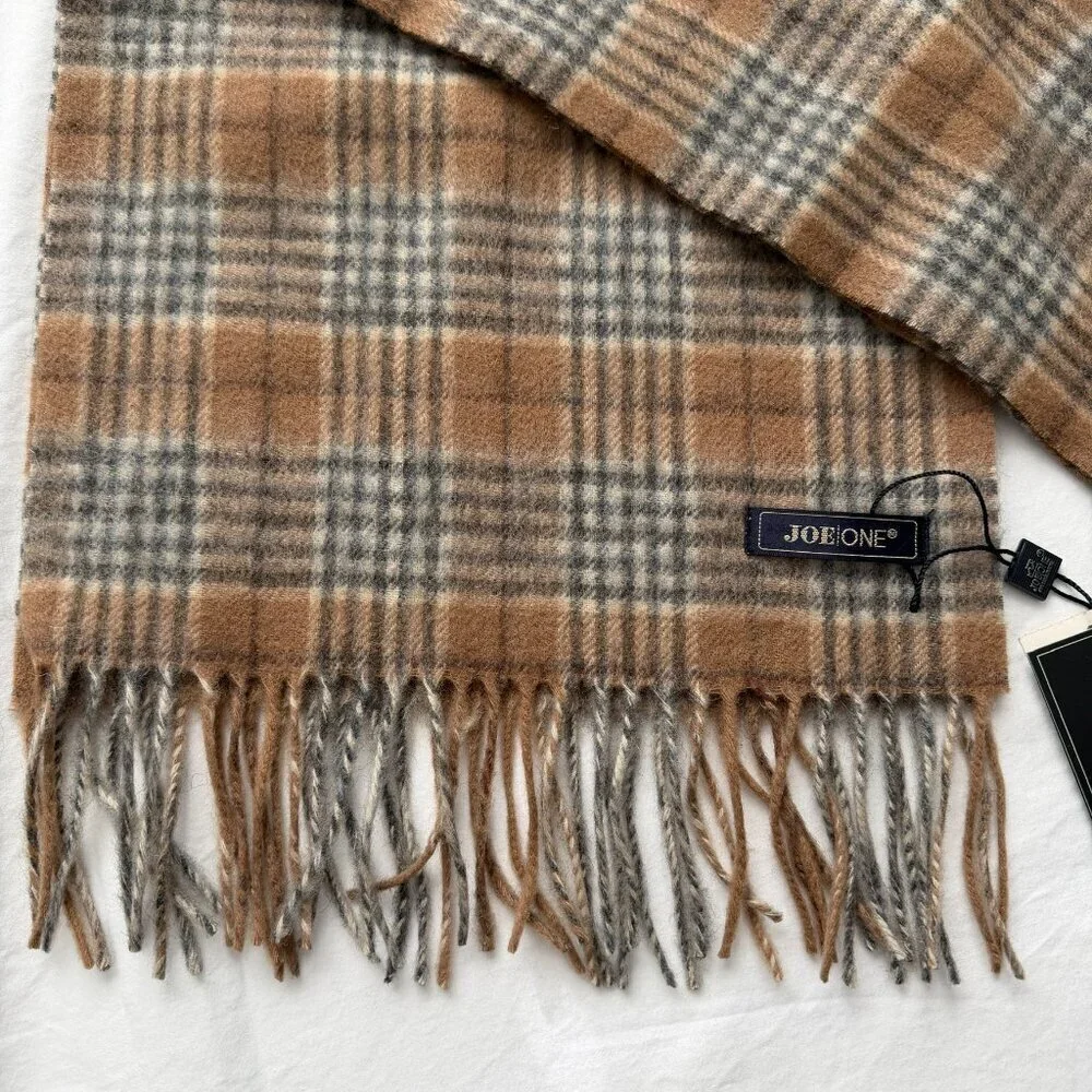 JOE ONE Cashmere Tan Gray Plaid Scarf NWT